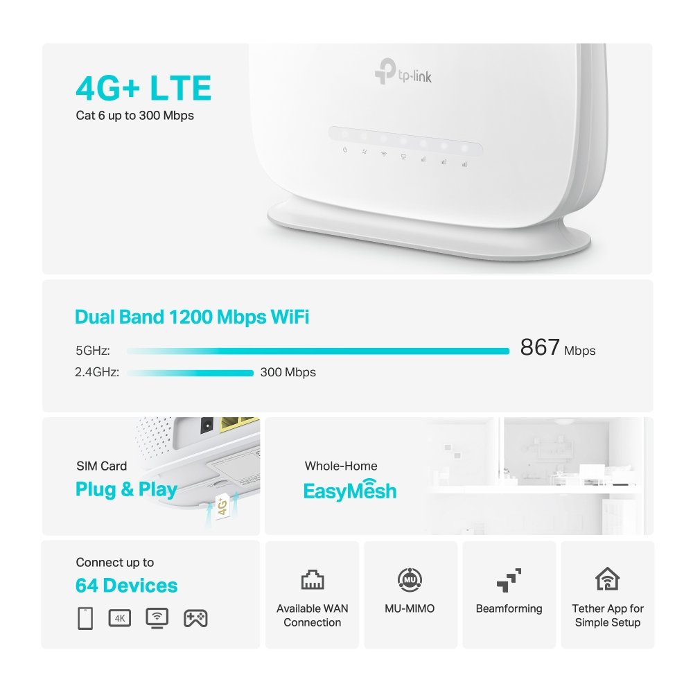 TP-Link Archer MR505 4G+ Cat6 AC1200 Wireless Dual Band Gigabit Router (SIM Support) - Image 4