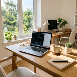 Home office desk with laptop, coffee cup, notebook, and plants near window